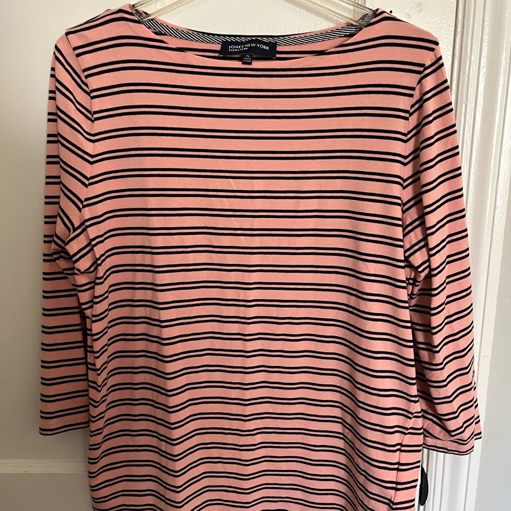 Jones New York Pink and Black Striped Long Sleeve Top
